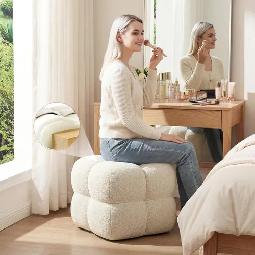 Miniatura 6 de Zesthouse Puf cuadrado otomano, moderna silla de tocador sin respaldo para dormitorio, taburete de lino beige, reposapiés tapizado para sofá, mesa