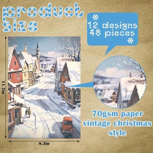 Miniatura 2 de PerKoop 48 hojas de papel vintage de invierno de 8.3 x 11.7 pulgadas, 12 estilos de servilletas de papel nevado de invierno para manualidades