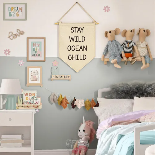 Miniatura 6 de Banderín Colgante de Lona "Stay Wild Ocean Child" - Bandera Decorativa para Pared, Regalo para Guardería, Bebé, Niños, Niño, Niña, Recién Nacido
