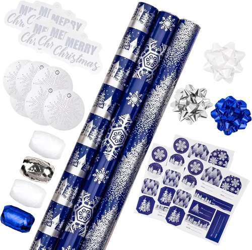 Miniatura 26 de LeZakaa Mini rollo de papel de regalo de Navidad, diseño de campana y árbol/bastones de caramelo/copos de nieve, blanco y negro, para envolver