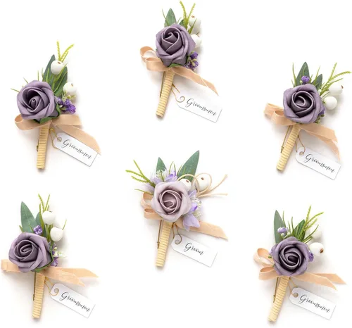 Miniatura 12 de Ling's Moment Boutonniere para Hombres Boda, Juego de 6, Novio y Padrinos Boutonniere para Boda Regreso a Casa Halloween Ceremonia Aniversario, Cena