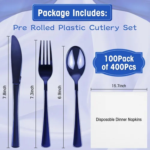 Miniatura 2 de Paquete de 100 cubiertos de plástico preenrollados azules, cubiertos enrollados azules con servilletas, juego de cubiertos de plástico preenrollados