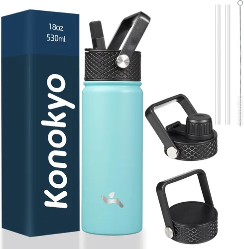 Miniatura 61 de Konokyo - Botella de agua aislada de 18 onzas, botellas deportivas de acero inoxidable con 3 tapas, verde militar