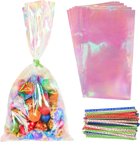 Miniatura 8 de HRX Package 100 piezas de pequeñas bolsas de celofán iridiscentes con lazos, 4x6 pulgadas bolsas de plástico holográficas para dulces, pop cakes