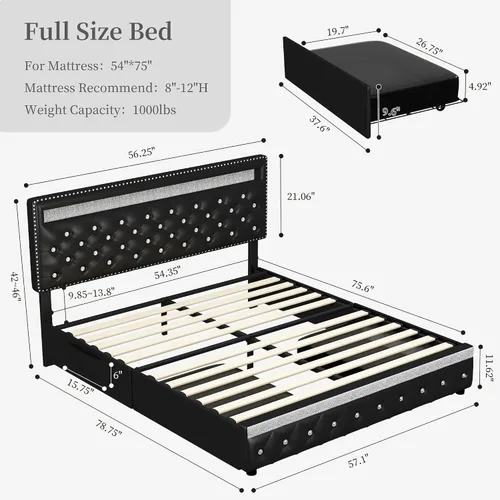 Miniatura 2 de SIBEDS Base de cama completa con LED y 2 cajones, marco de cama de plataforma de metal resistente de tamaño completo con cabecera ajustable