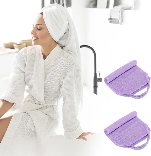 Miniatura 5 de 2 piezas exfoliante de espalda con asas, toalla para ducha, exfoliante de espalda de nailon, para hombres y mujeres (morado)