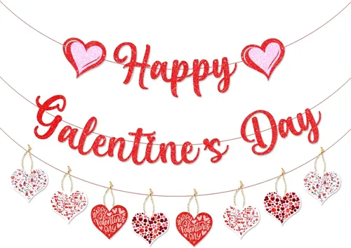 Cartel de Feliz Día de Galentinos con purpurina roja, decoraciones de papel de fieltro, guirnalda de corazón, accesorios de fotos para decoración