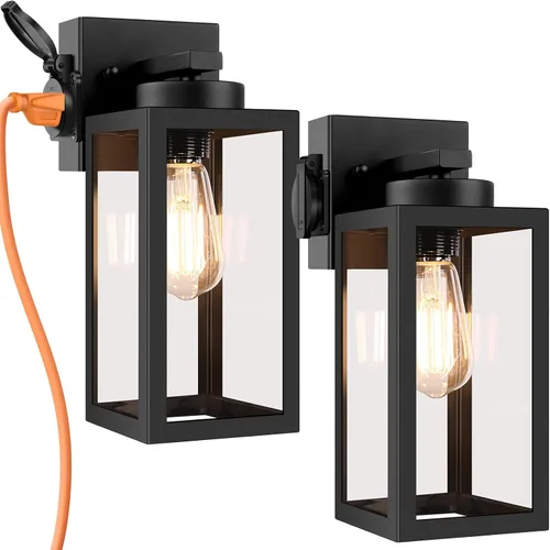 Bdrofn Paquete de 2 Luces de Porche Farol de Pared para Exteriores, Luz de Pared Exterior Negra con Tomacorriente, Luminaria Exterior Impermeable