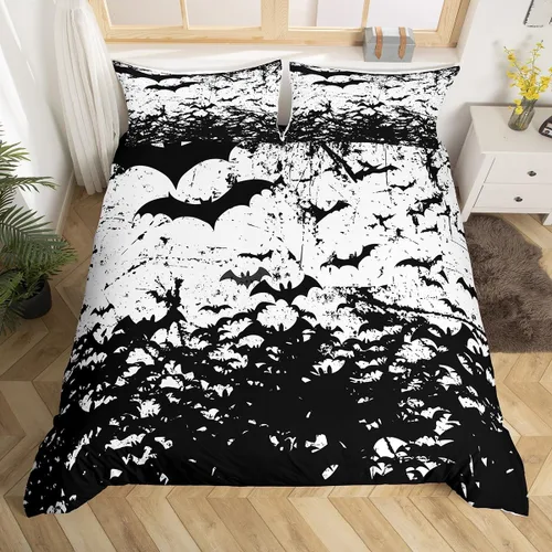 Miniatura 24 de Juego de ropa de cama de Halloween, funda de edredón gótica de murciélagos negros con telarañas, funda de edredón individual, diseño de arañas