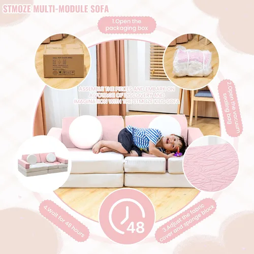 Miniatura 5 de Sofá modular de juego para niños de 13 piezas con funda de terciopelo lavable, sofá modular para niños y niñas, espuma convertible y cojín de suelo