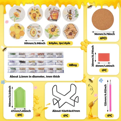 Miniatura 2 de FASHEWELRY 8 posavasos de arte de diamante con soporte para abejas, kit de posavasos de pintura de diamantes para bebidas, kits de arte de diamantes