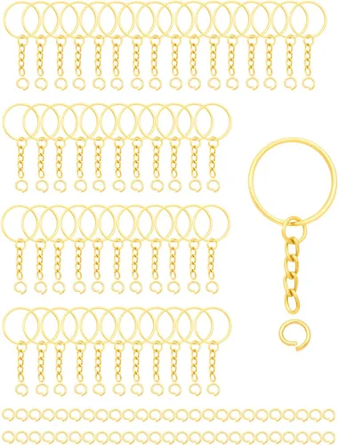 Miniatura 10 de 100 juegos de llaveros de 1 pulgada, llavero redondo dividido dorado con cadena y anillos de salto abiertos para hacer llaveros de bricolaje