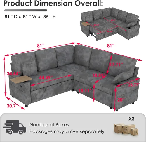 Miniatura 3 de Sofá modular de 81 pulgadas, sofá cama de 5 plazas en forma de L con cama extraíble, almacenamiento oculto, portavasos y puertos de carga USB, sofás