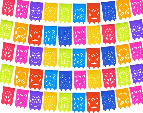 Miniatura 5 de Banderas pequeñas de papel picado, paquete de 5 unidades, decoraciones de pancarta de fiesta de 15 pies de largo, guirnalda de papel multicolor