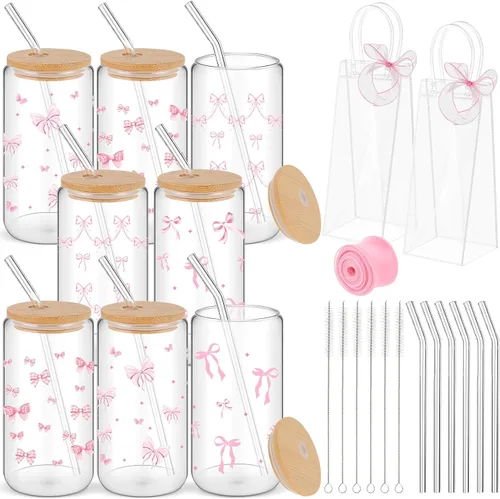 Miniatura 11 de Mumufy 6 Juegos de Tazas de Vidrio Florales Bohemias con Bolsa de Regalo Transparente de 16 onzas, Tazas de Café Helado Reutilizables con Flores