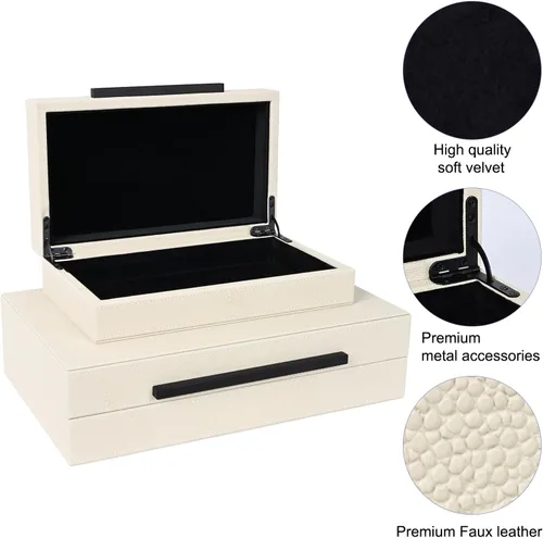 Miniatura 5 de Juego de 2 cajas de almacenamiento decorativas beige con acabado de shagreen, cajas de joyería y recuerdos de piel sintética con asas de metal Negro
