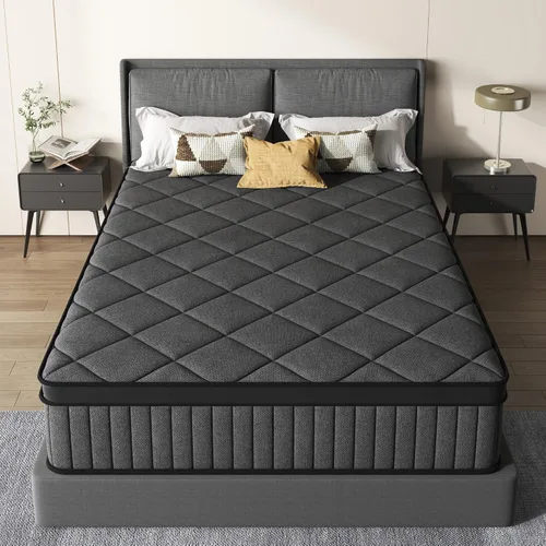 Miniatura 22 de Colchón negro matrimonial, colchón híbrido de 10 pulgadas tamaño matrimonial, firmeza media con espuma viscoelástica y resortes en bolsillo, funda
