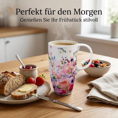 Miniatura 4 de Topadorn Tazas de Viaje de Cerámica Taza de Té Latte de Porcelana Taza de Café con Caja de Regalo, 17 oz. Jardín Rosa Rosa (PINK GARDEN)