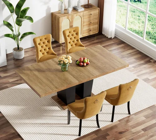 Miniatura 79 de Juego de mesa de comedor extensible marrón de 63 a 78.74 pulgadas para 4, juego de mesa de comedor de 5 piezas con 4 sillas, mesa de cocina