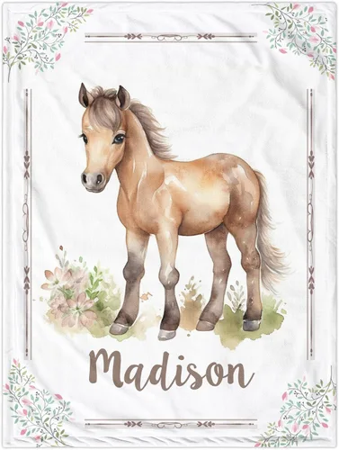 Manta de bebé personalizada con caballo, manta de bebé para niña, manta floral para bebé con nombre que recibe manta de bebé, manta de felpa suave,