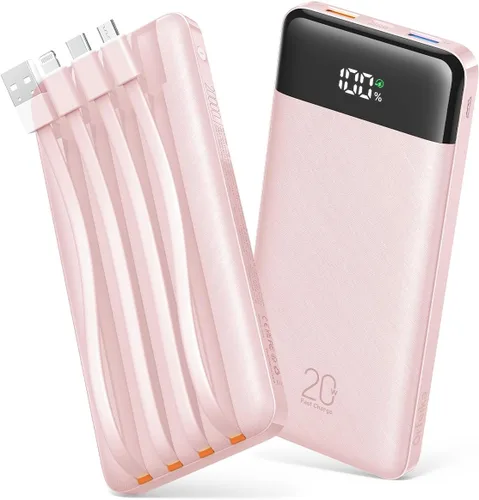Miniatura 10 de Orfeika Banco de Energía 20000mAh de Carga Rápida, Cargador Portátil con 4 Cables Integrados y 6 Salidas, Paquete de Batería USB C PD de 20W Lavanda