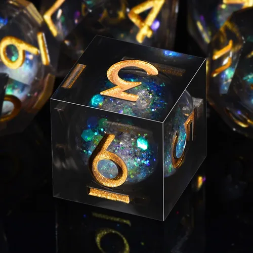 Miniatura 3 de AUSTOR Juego de dados DND de resina de núcleo líquido, de borde afilado poliédricos, juego de 7 dados DND de arena movediza hechos a mano de resina