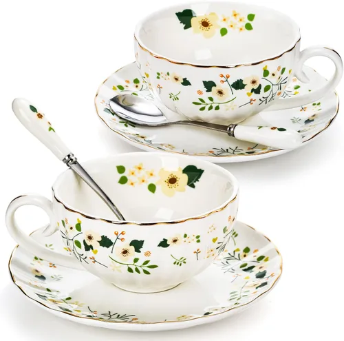 Miniatura 8 de Lyellfe Juego de 2 tazas de té y platillos, tazas de té florales de 8 onzas con cuchara, tazas de café británicas de porcelana para fiestas
