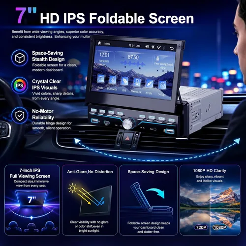 Miniatura 3 de Estéreo de Coche Individual DIN Apple Carplay y Android Auto 1 DIN 7 Pulgadas Pantalla Táctil Abatible Radio de Coche con Bluetooth y Micrófono