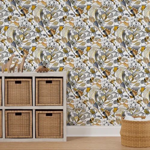 Miniatura 7 de Muestra de papel tapiz extraíble - Línea Gris Amarillo Grande Negro Blanco Hojas Círculos Puntos Papel pintado personalizado pre-pegado por