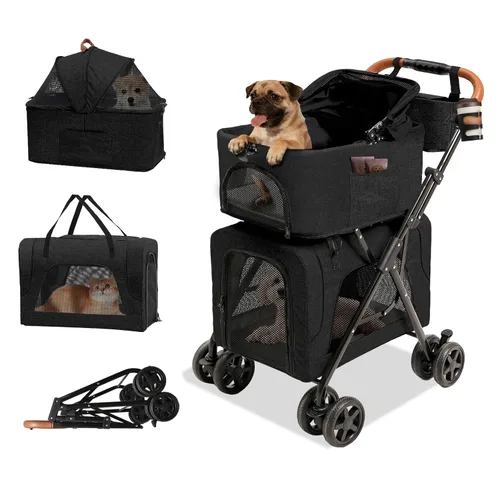 Miniatura 9 de Cochecito de perro para mascotas pequeñas, transportador de 4 ruedas todo terreno para gatos y perros con ruedas delanteras de 360°, mango ajustable
