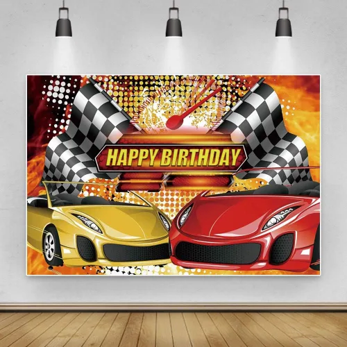 Miniatura 5 de Yeele Telón de fondo con temática de coche de carreras de 5 x 4 pies, color rojo y amarillo, bandera de campeón, fondo de fotografía, fiesta