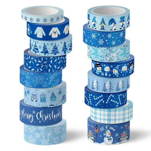 Whaline 16 rollos de cinta Washi de invierno, 4 tamaños, cinta adhesiva Washi azul para Navidad, copo de nieve, muñeco de nieve, papel decorativo de