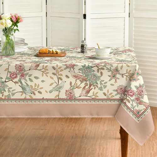 Horaldaily Mantel rectangular floral de 52 x 70 pulgadas, diseño de pájaros rosados, elegante, vintage, lavable, de temporada, para decoración de