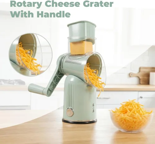 Miniatura 2 de Rallador de queso giratorio con manivela manual de 5 en 1 con cuchillas intercambiables y base de succión fuerte para verduras, triturador manual