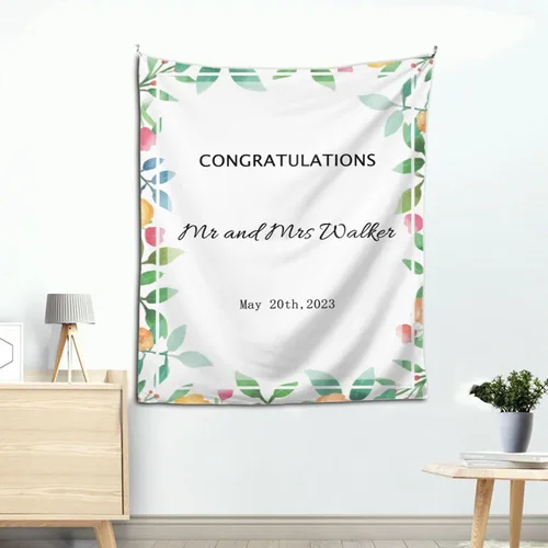 Miniatura 4 de Telón de fondo de boda personalizado, tapiz de felicitaciones de flores coloridas personalizado con nombres y fecha, pancarta de boda personalizada