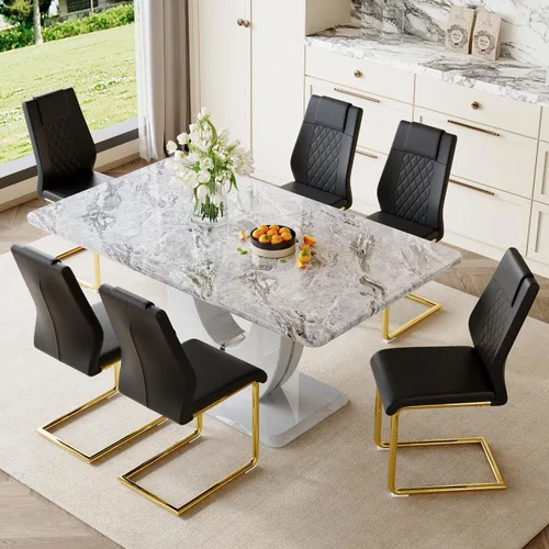 Miniatura 10 de Moderno juego de mesa de cocina y comedor, juego de 6 mesas y sillas con parte superior de mármol sintético, juego de mesa de cocina rectangular