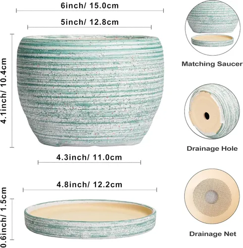 Miniatura 3 de SQOWL Macetas de cerámica – Maceta de 6 pulgadas con orificio de drenaje y bandeja, maceta redonda para plantas de interior, maceta decorativa