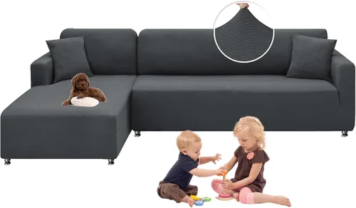 Miniatura 14 de XINEAGE Funda de sofá modular de alta elasticidad en forma de L, 2 piezas antideslizante con protector de muebles con 2 fundas de almohada