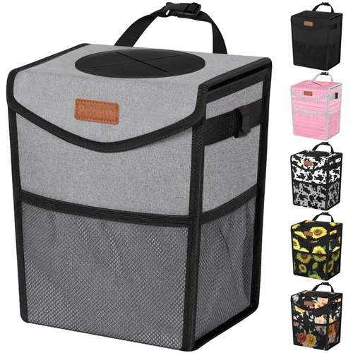 Miniatura 7 de Pritent Bote de basura para automóvil con tapa, lindo cubo de basura a prueba de fugas para colgar el vehículo, pequeño organizador portátil