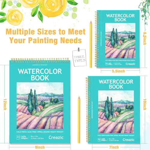 Miniatura 7 de Bloc de papel de acuarela de 9 x 12 pulgadas, encuadernado en espiral con línea de desgarro, 24 hojas (140 libras/10.58 oz): suministros de arte