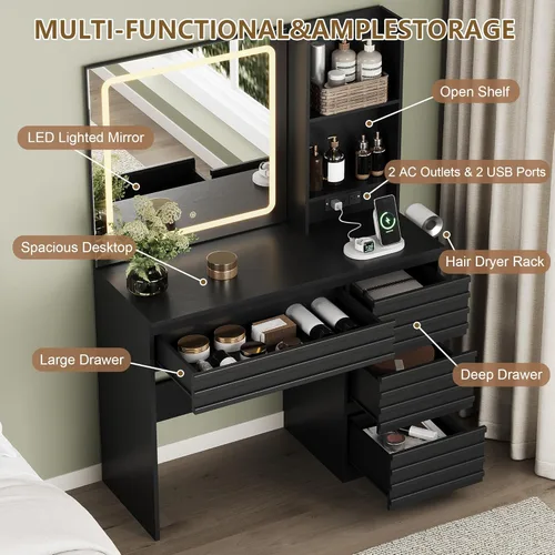 Miniatura 3 de Makeup Vanity Desk with Lights, Fluted Vanity with 4 Drawers, Open Shelves, Power Outlet, LED Lighted Mirror, 3 Lighting Modes & Brightness