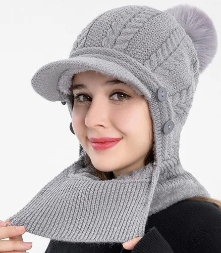 Miniatura 5 de Gorro de forro polar holgado de una pieza para mujer, bufanda cálida de invierno, gorro de punto grueso, gorro de esquí