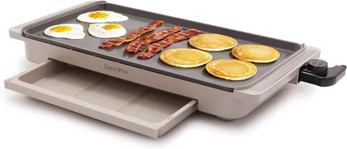 GreenPan Plancha eléctrica avanzada de 10.5 x 20 pulgadas con cajón de calentamiento, revestimiento antiadherente de cerámica saludable sin PFAS,