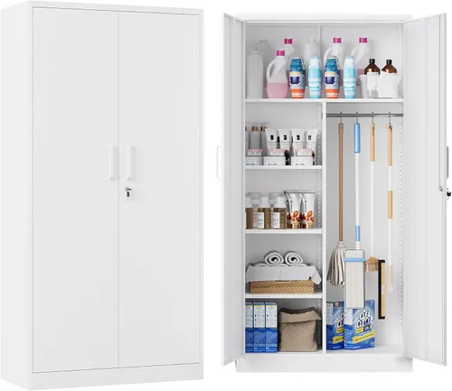 Miniatura 13 de Armario de almacenamiento de metal, archivador alto con 2 estantes ajustables y cajón, gabinete de herramientas de acero con cerradura para oficina