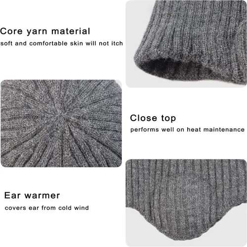 Miniatura 5 de Muryobao Gorro de invierno para hombre, con puños y orejeras, tejido elástico, gorro de punto para esquí
