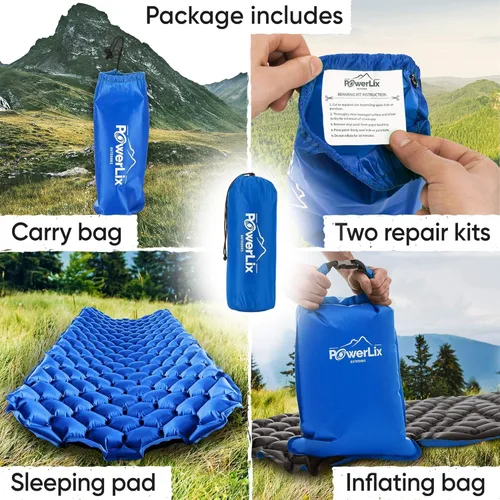Miniatura 6 de Powerlix - Colchoneta inflable ultraligera y compacta con bolsa de inflado, bolsa de transporte y kit de reparación, ideal para acampar, mochilero