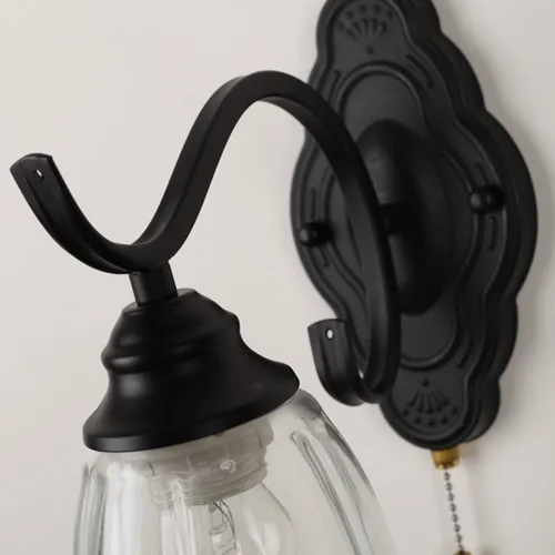 Miniatura 3 de Lámpara de pared con interruptor de cadena E27, retro, para dormitorio, mesita de noche, apliques de pared con pantalla de metal y vidrio, acabado
