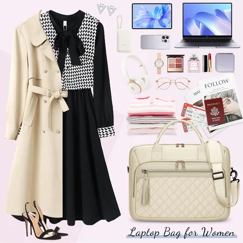 Miniatura 8 de RAINSMORE Bolsa para laptop de 17.3 pulgadas para mujer, impermeable, bolsa de hombro grande para computadora portátil, para trabajo, negocios, Beige