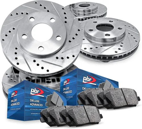 R1 Concepts Rotores de freno ranurados perforados delanteros y traseros | Kit de pastillas de freno y rotores de cerámica | Compatible con Mazda 5