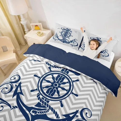 Miniatura 33 de Erosebridal Funda de edredón de ancla náutica, juego de ropa de cama con brújula oceánica, tamaño individual para niños, adolescentes, adultos